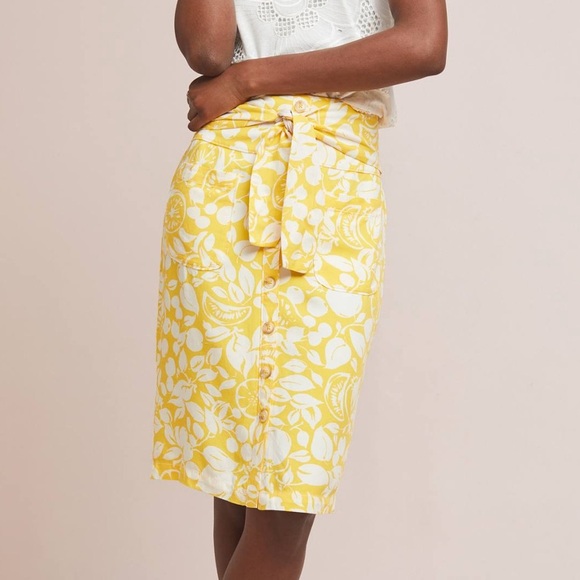 Anthropologie 52 Conversations Colloquial Yellow Button Front Pencil Skirt Sz 12 - Picture 1 of 9